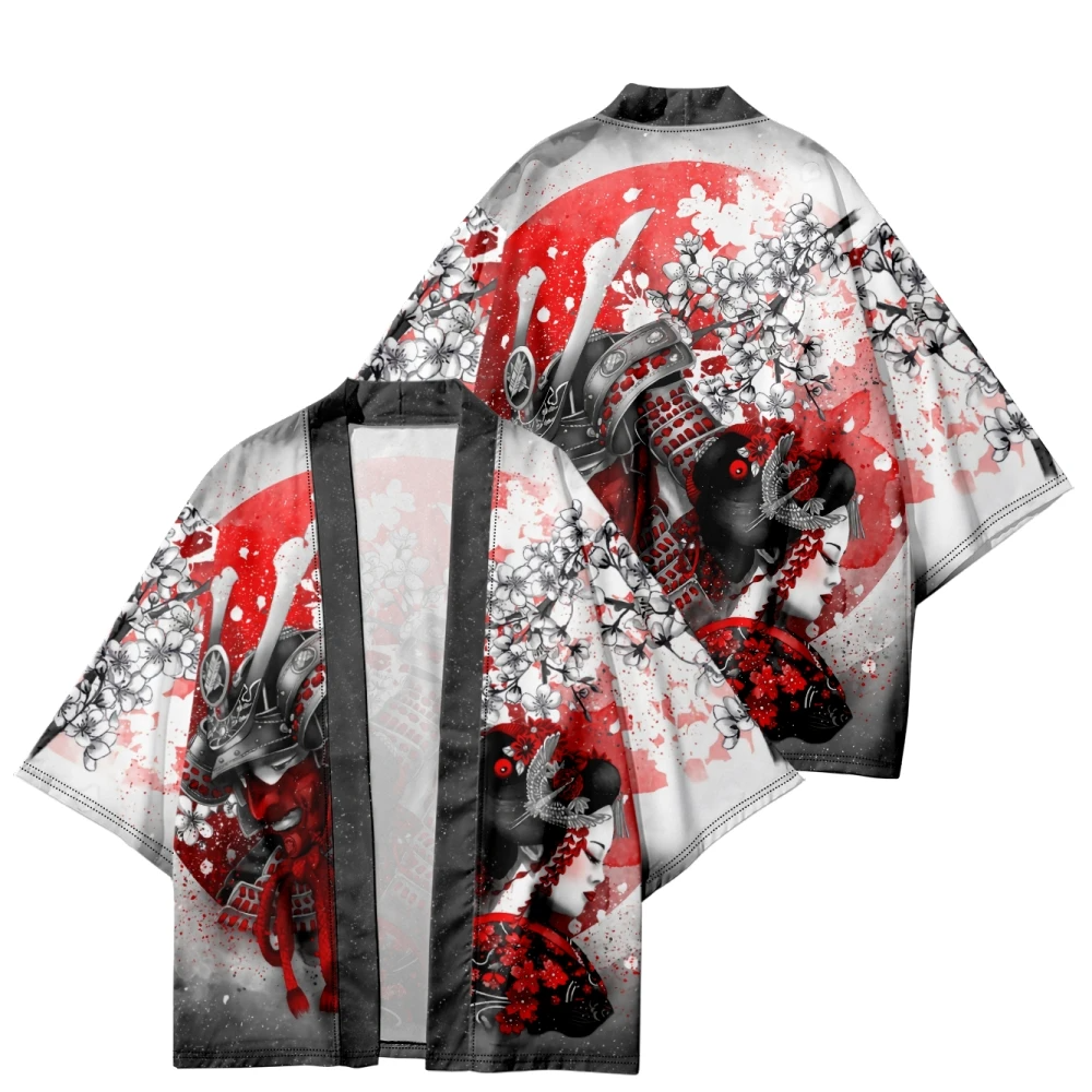 Japanese-themed White Kimono Lady Red Sakura Unisex Kimono-Kawaii Dream