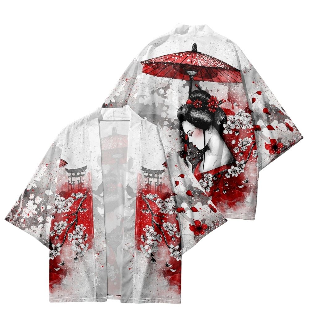 Japanese-themed White Kimono Lady Red Sakura Unisex Kimono-Kawaii Dream
