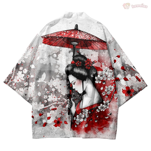 Japanese-themed White Kimono Lady Red Sakura Unisex Kimono-Kawaii Dream