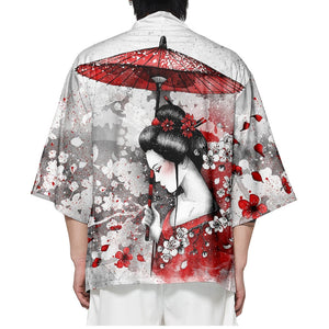 Japanese-themed White Kimono Lady Red Sakura Unisex Kimono-Kawaii Dream