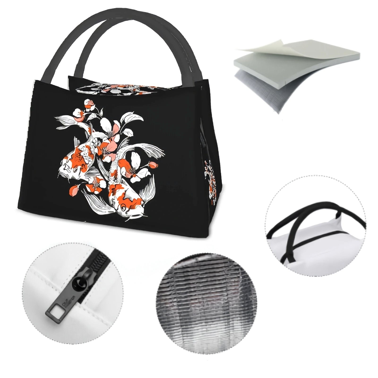Japense-themed Koi And Sakura Black Lunch Bag-Kawaii Dream
