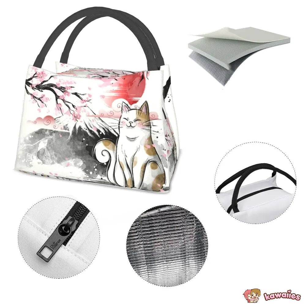 Japense-themed Sakura Mt Fuji Cat Lunch Bag-Kawaii Dream