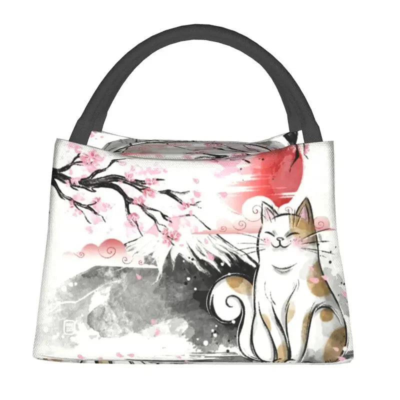 Japense-themed Sakura Mt Fuji Cat Lunch Bag-Kawaii Dream