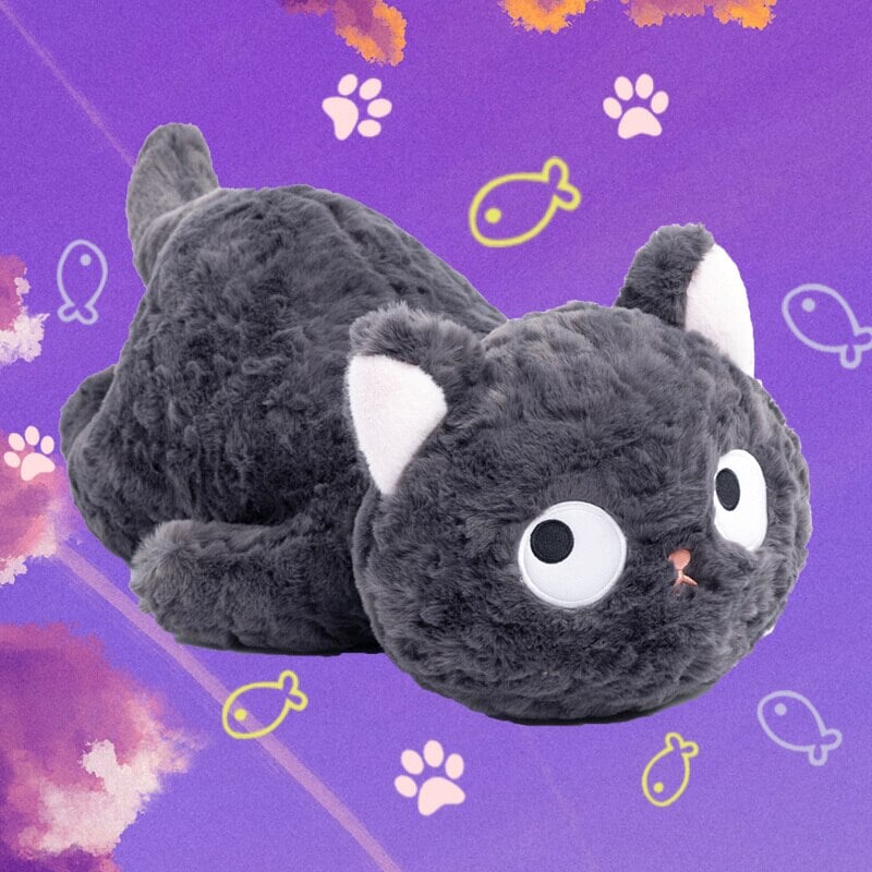 Jiji the Fluffy Black Cat Plushie Laying Down-Kawaii Dream