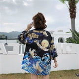 Kanagawa Wave Crane Women Kimono-Kawaii Dream