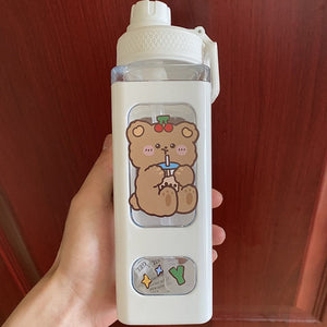 Kawaii Bear White Pink Rectangle Plastic Bottle With 3D Sticker-Kawaii Dream