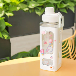 Kawaii Bear White Pink Rectangle Plastic Bottle With 3D Sticker-Kawaii Dream