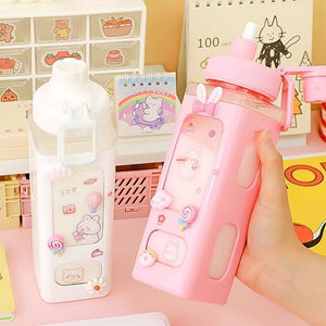 Kawaii Bear White Pink Rectangle Plastic Bottle With 3D Sticker-Kawaii Dream