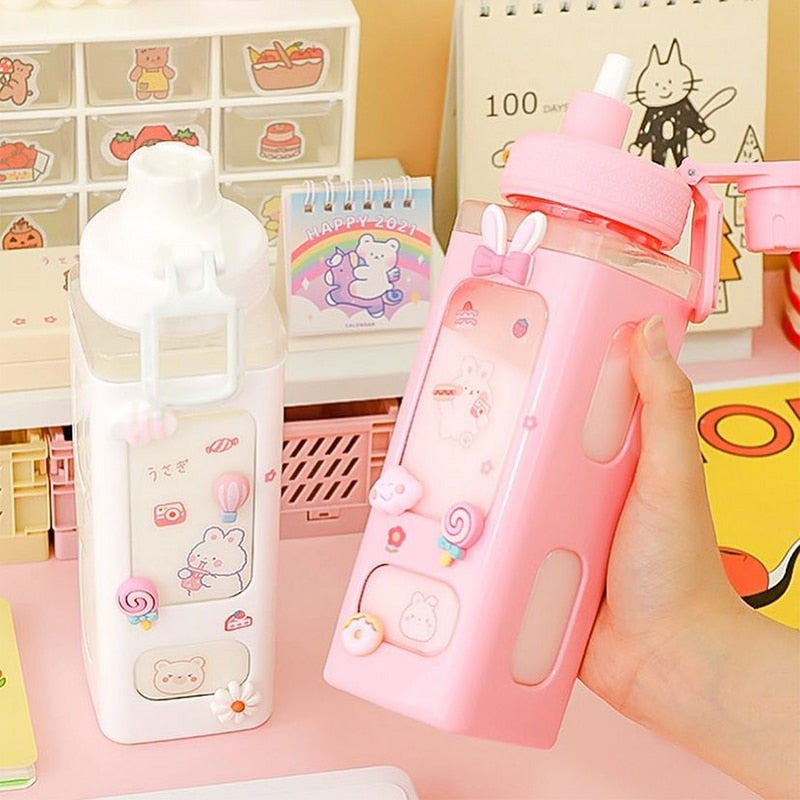 Kawaii Bear White Pink Rectangle Plastic Bottle With 3D Sticker-Kawaii Dream