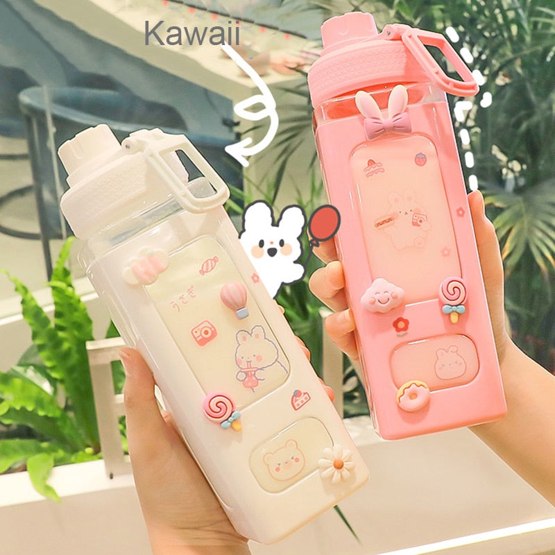 Kawaii Bear White Pink Rectangle Plastic Bottle With 3D Sticker-Kawaii Dream