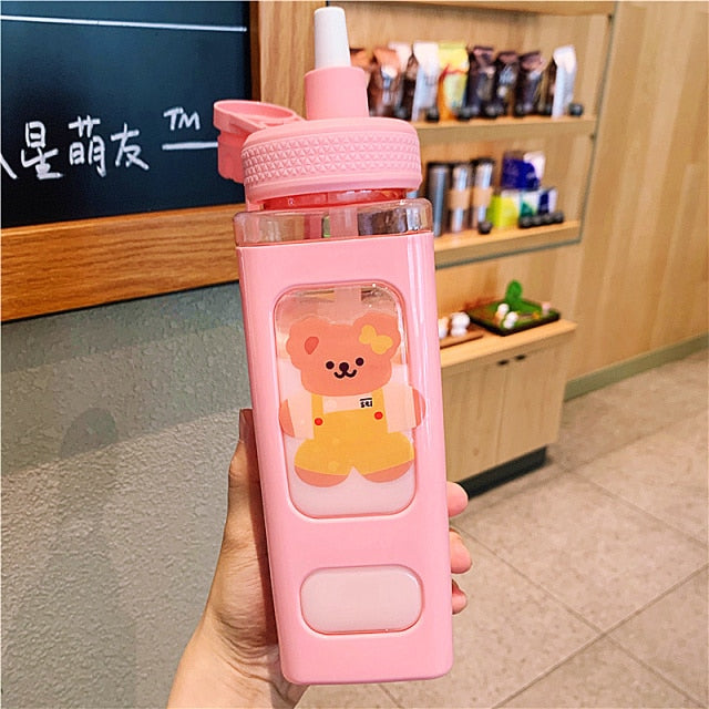 Kawaii Bear White Pink Rectangle Plastic Bottle With 3D Sticker-Kawaii Dream