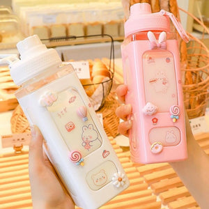 Kawaii Bear White Pink Rectangle Plastic Bottle With 3D Sticker-Kawaii Dream