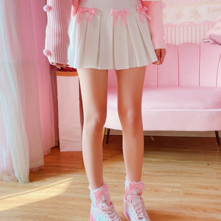 Kawaii Bow White Pleated Mini High-Waist Short Skirt-Kawaii Dream