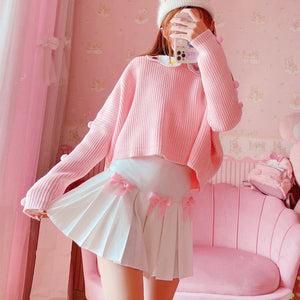 Kawaii Bow White Pleated Mini High-Waist Short Skirt-Kawaii Dream