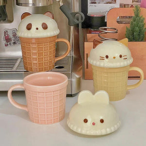Kawaii Cat Rabbit Panda Waffle Ceramic Mug with Lid-Kawaii Dream
