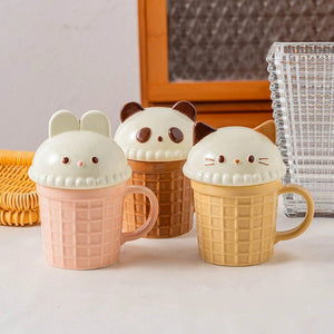 Kawaii Cat Rabbit Panda Waffle Ceramic Mug with Lid-Kawaii Dream