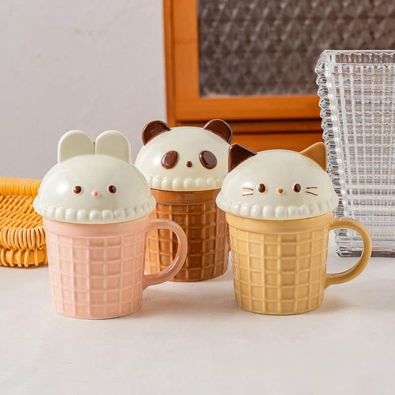 Kawaii Cat Rabbit Panda Waffle Ceramic Mug with Lid-Kawaii Dream