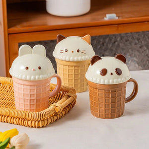 Kawaii Cat Rabbit Panda Waffle Ceramic Mug with Lid-Kawaii Dream