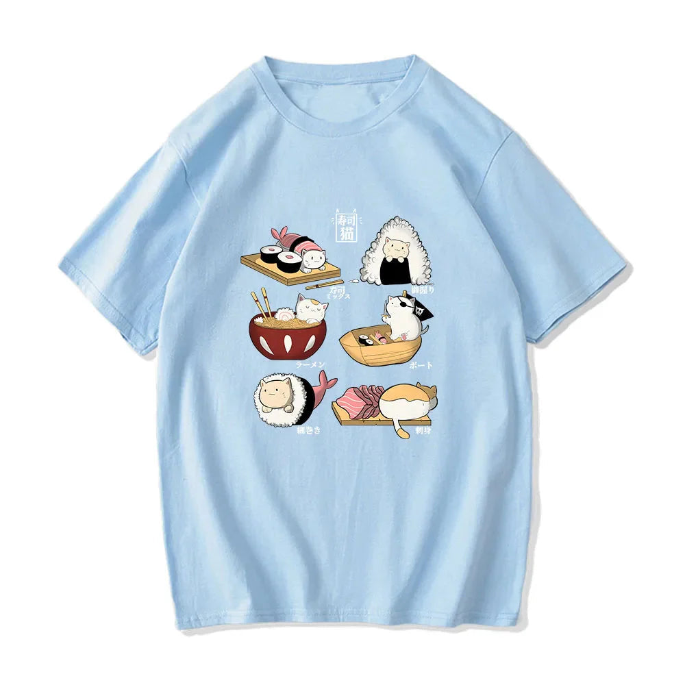 Kawaii Cat Sushi Harajuku Cotton Unisex Tee-Kawaii Dream