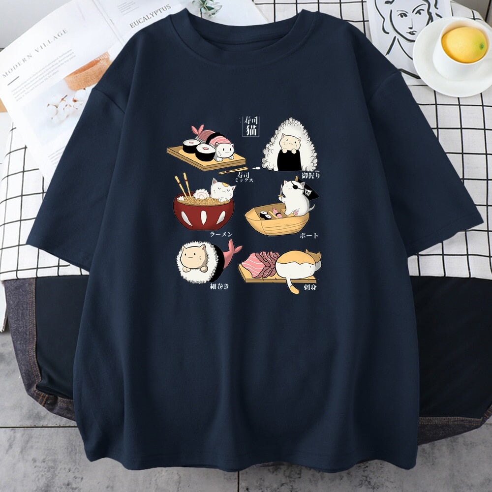 Kawaii Cat Sushi Harajuku Cotton Unisex Tee-Kawaii Dream