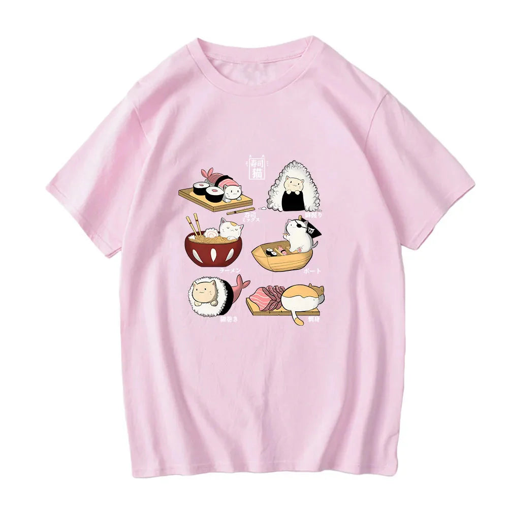 Kawaii Cat Sushi Harajuku Cotton Unisex Tee-Kawaii Dream