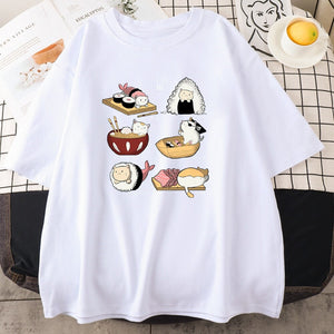 Kawaii Cat Sushi Harajuku Cotton Unisex Tee-Kawaii Dream