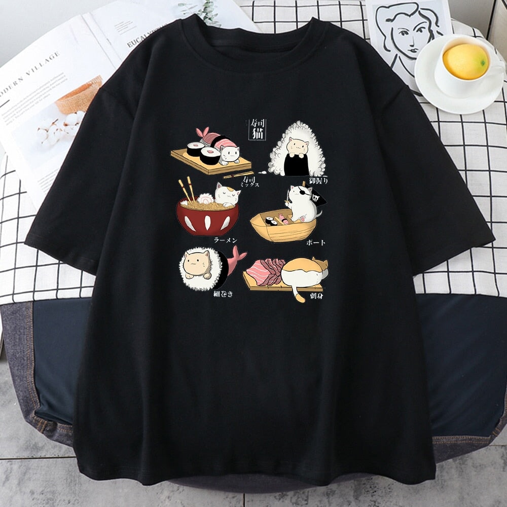 Kawaii Cat Sushi Harajuku Cotton Unisex Tee-Kawaii Dream