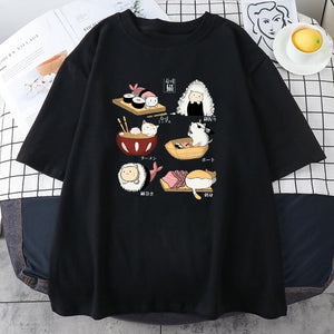 Kawaii Cat Sushi Harajuku Cotton Unisex Tee-Kawaii Dream