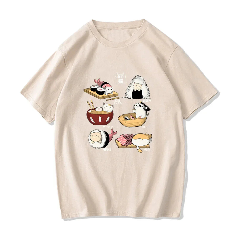 Kawaii Cat Sushi Harajuku Cotton Unisex Tee-Kawaii Dream