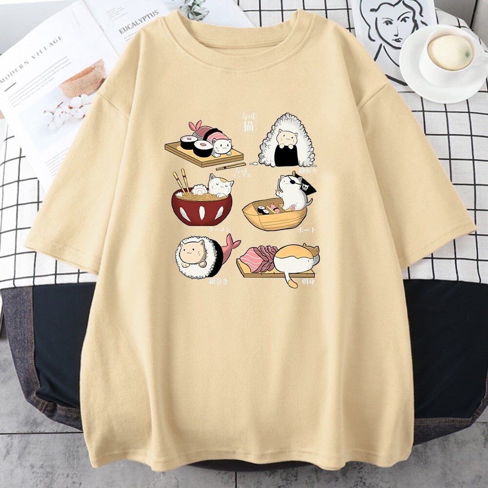 Kawaii Cat Sushi Harajuku Cotton Unisex Tee-Kawaii Dream