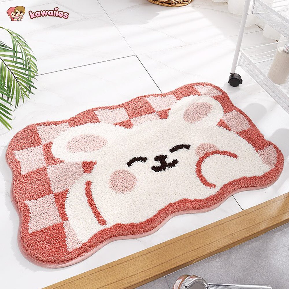 Kawaii Checkered Frog Bunny Non-Slip Bath Mats-Kawaii Dream