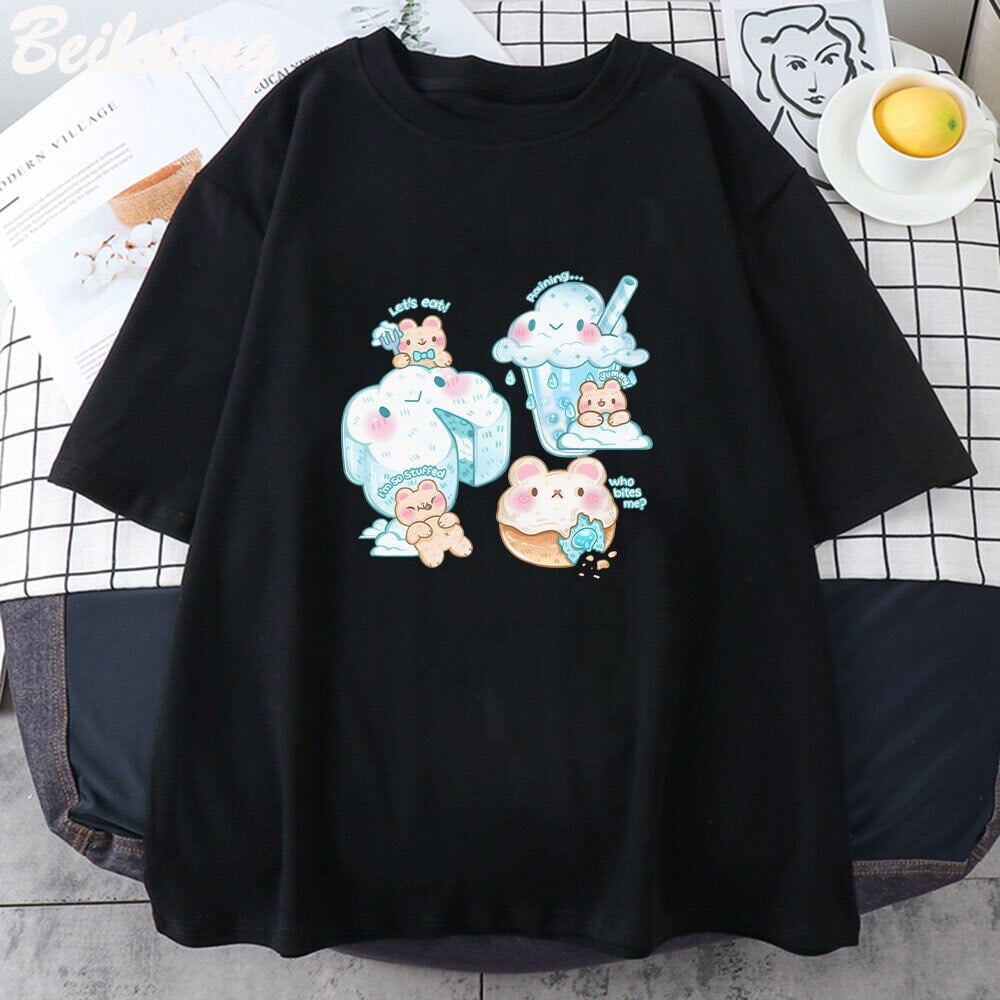 Kawaii Cloudy Snacking Brown Bear Unisex Tee-Kawaii Dream