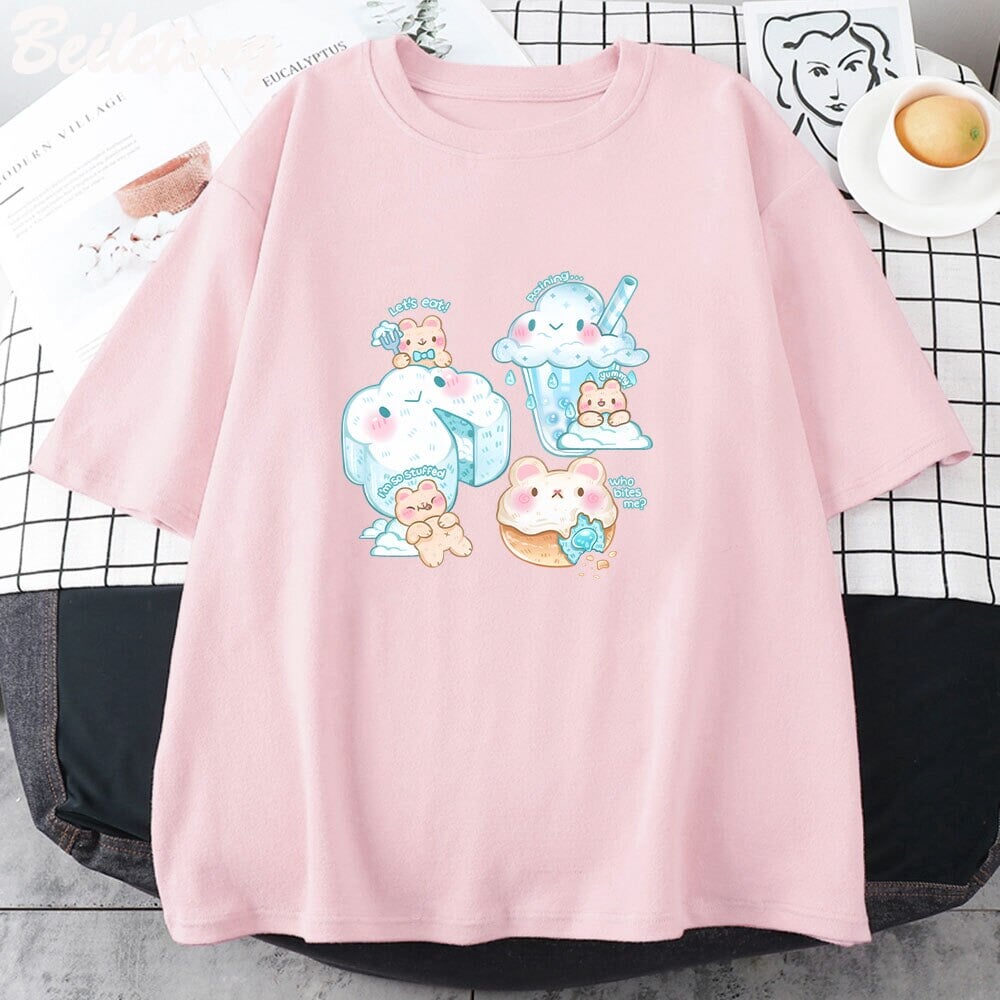 Kawaii Cloudy Snacking Brown Bear Unisex Tee-Kawaii Dream