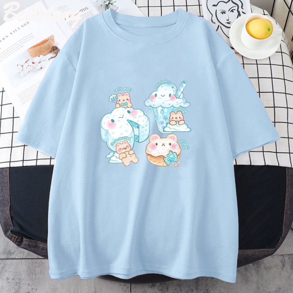 Kawaii Cloudy Snacking Brown Bear Unisex Tee-Kawaii Dream