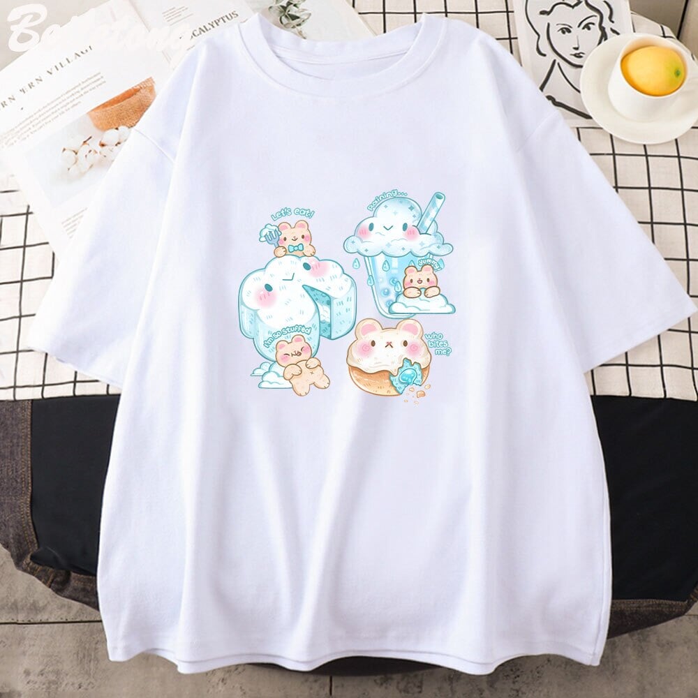 Kawaii Cloudy Snacking Brown Bear Unisex Tee-Kawaii Dream