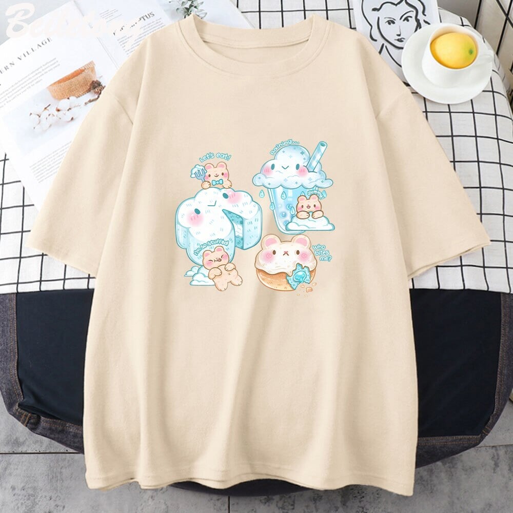Kawaii Cloudy Snacking Brown Bear Unisex Tee-Kawaii Dream