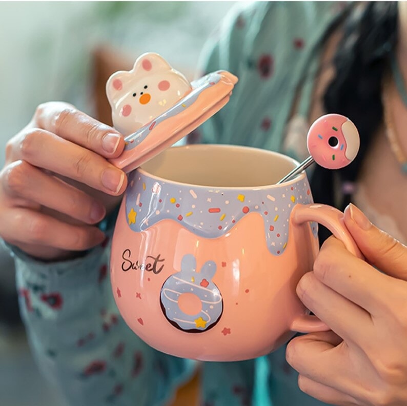 Kawaii Donut Bunny Ceramic Mug With Lid + Spoon-Kawaii Dream