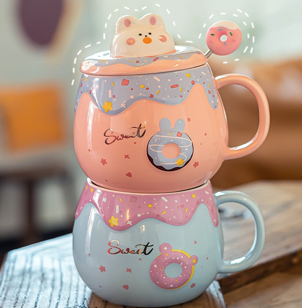 Kawaii Donut Bunny Ceramic Mug With Lid + Spoon-Kawaii Dream