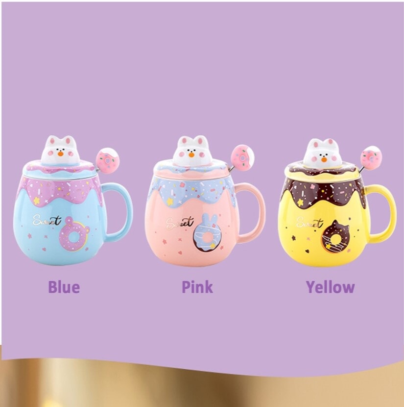 Kawaii Donut Bunny Ceramic Mug With Lid + Spoon-Kawaii Dream