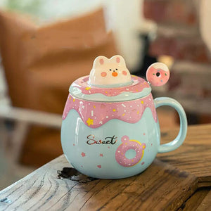 Kawaii Donut Bunny Ceramic Mug With Lid + Spoon-Kawaii Dream