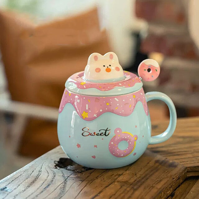 Kawaii Donut Bunny Ceramic Mug With Lid + Spoon-Kawaii Dream