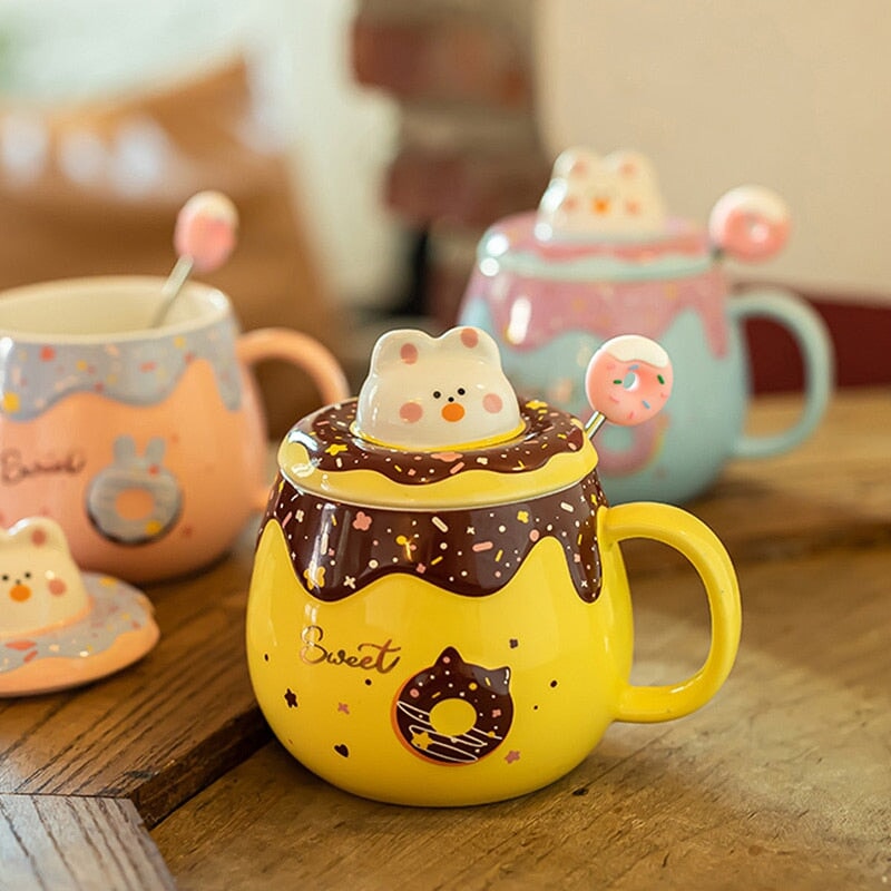 Kawaii Donut Bunny Ceramic Mug With Lid + Spoon-Kawaii Dream