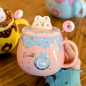 Kawaii Donut Bunny Ceramic Mug With Lid + Spoon-Kawaii Dream