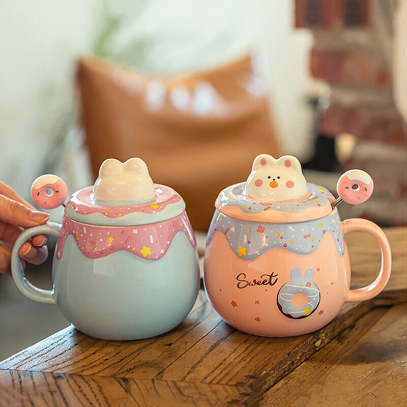 Kawaii Donut Bunny Ceramic Mug With Lid + Spoon-Kawaii Dream