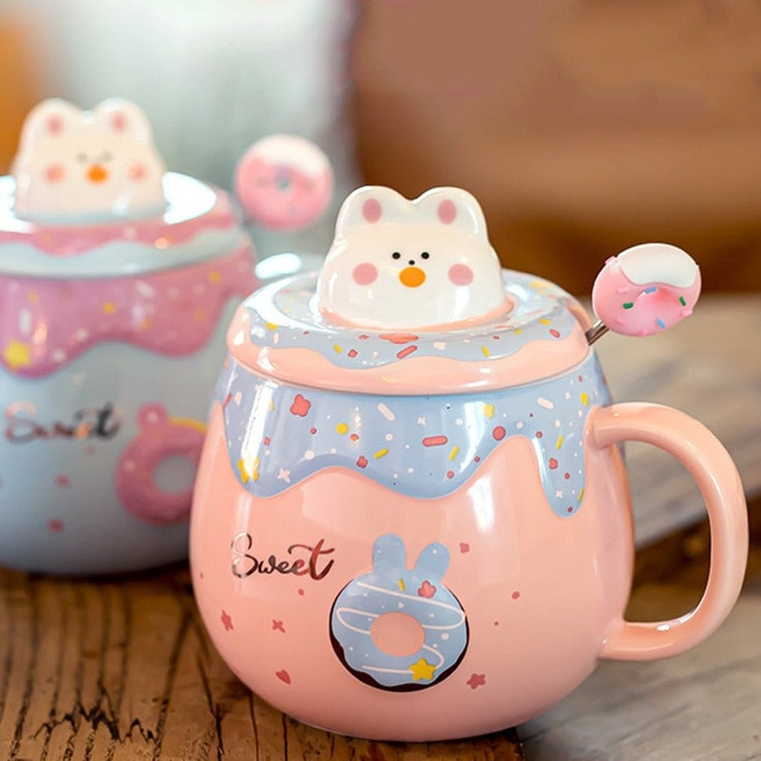 Kawaii Donut Bunny Ceramic Mug With Lid + Spoon-Kawaii Dream