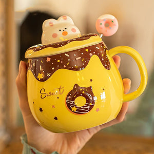 Kawaii Donut Bunny Ceramic Mug With Lid + Spoon-Kawaii Dream