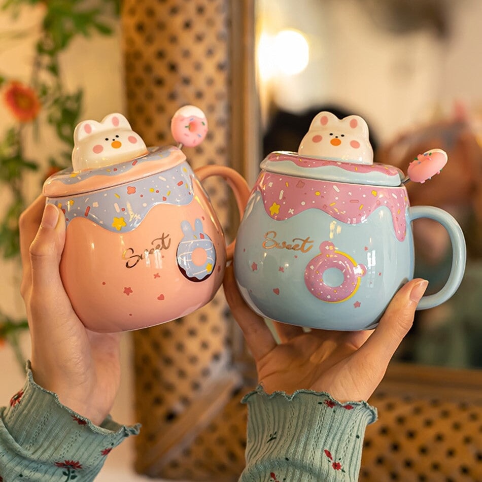 Kawaii Donut Bunny Ceramic Mug With Lid + Spoon-Kawaii Dream