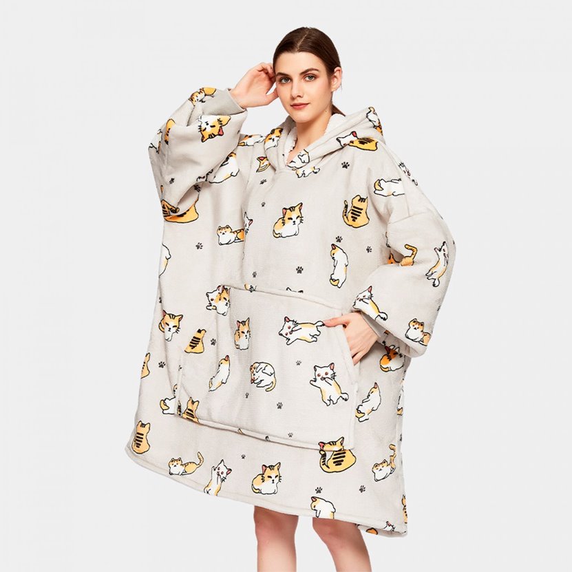 Kawaii Ginger Cat Oversized Thick Blanket Hoodie-Kawaii Dream