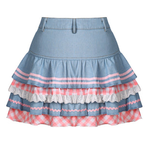 Kawaii Harajuku Japanese-themed Lolita Mini Denim Checked Women's Skirt-Kawaii Dream