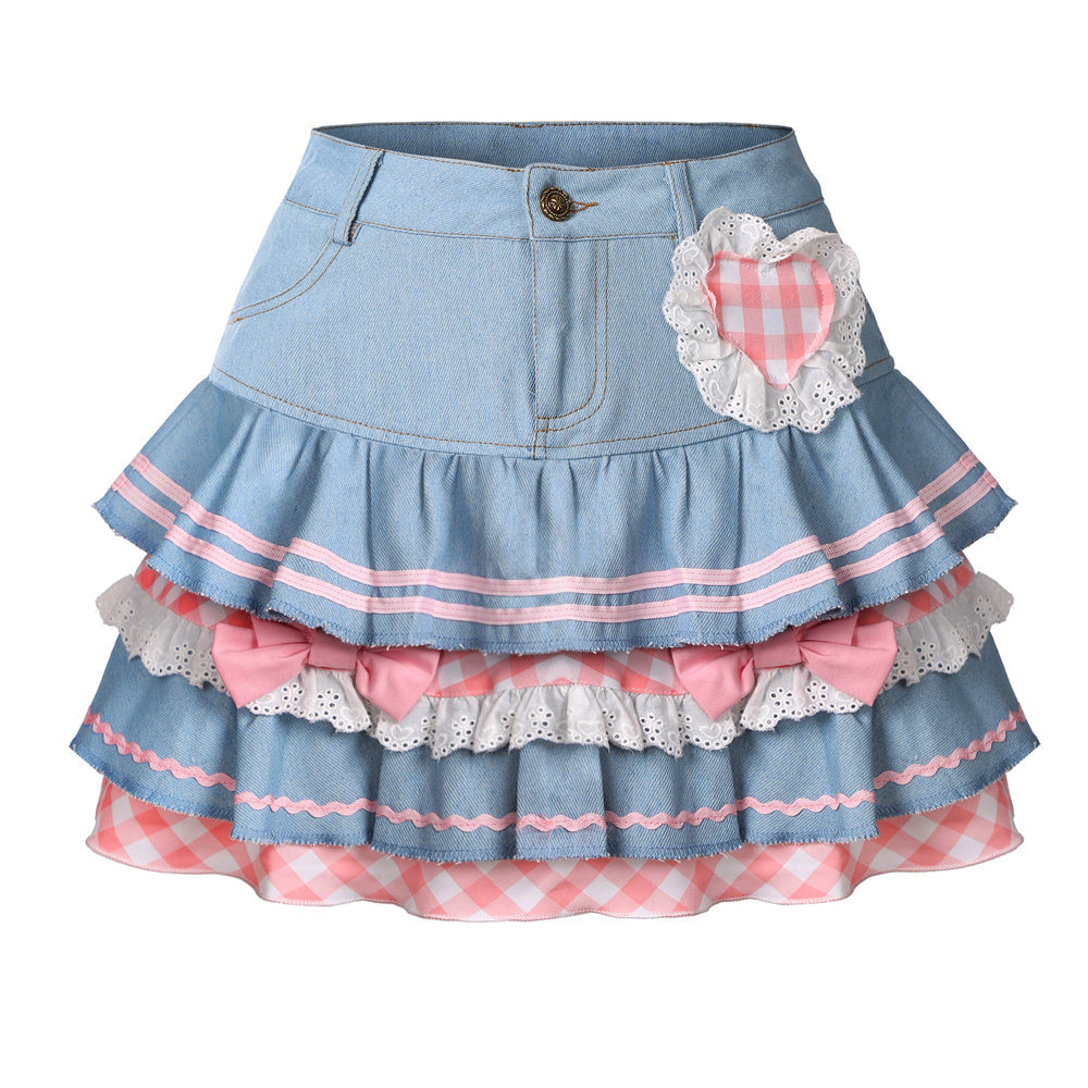 Kawaii Harajuku Japanese-themed Lolita Mini Denim Checked Women's Skirt-Kawaii Dream